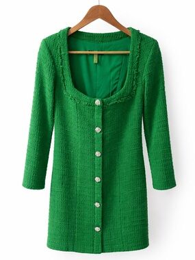 Zara Emerald Green Tweed Cardigan Jacket with Crystal Buttons